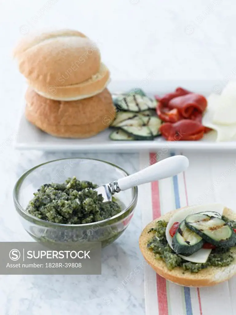 Basil Pesto, Grilled Zucchini, Red Peppers, Provolone Cheese and Bread   