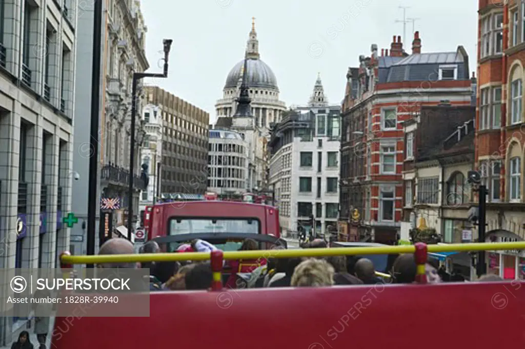 Double Decker Bus on Fleet Street, St Paul's Cathedral in the Distance, London, England   