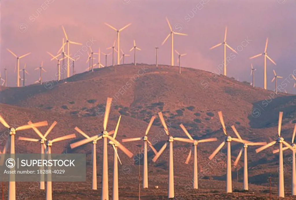 Wind Turbines in Haze on Hill California, USA   