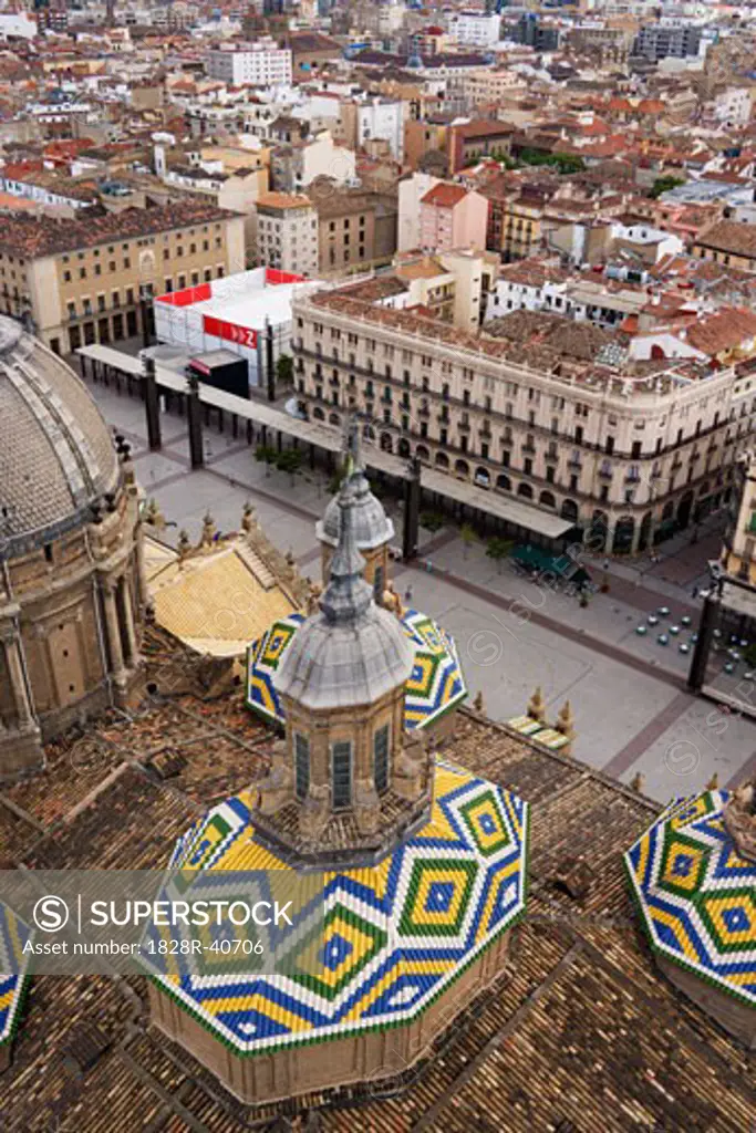 Overview of Plaza from Basilica of Our Lady of the Pillar, Zaragoza, Aragon, Spain   