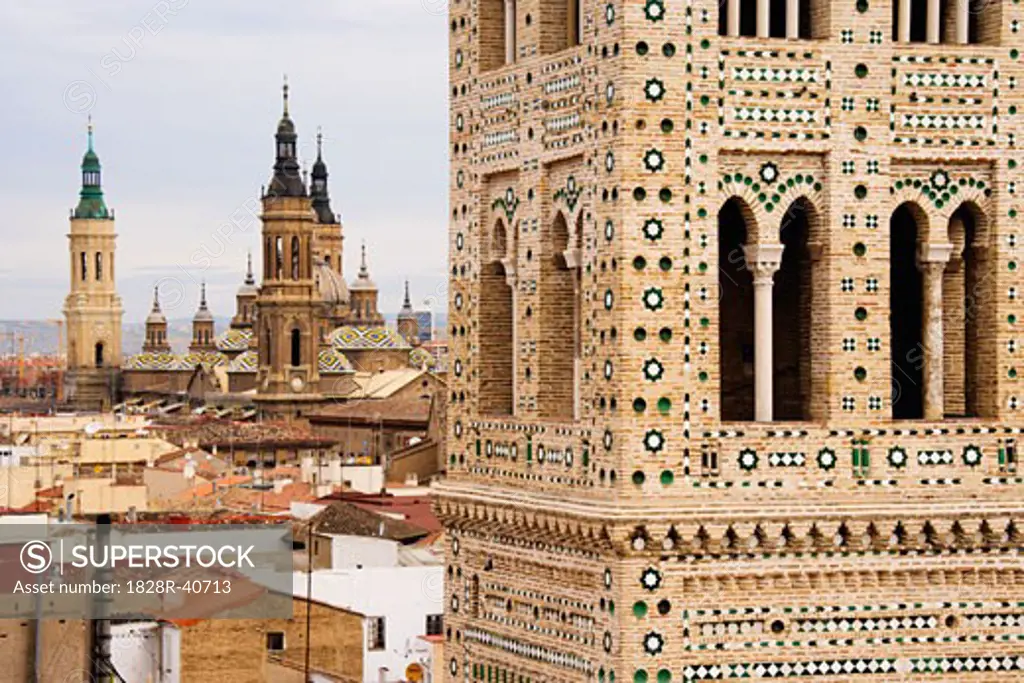 Tower and Basilica of Our Lady of the Pillar, Zaragoza, Aragon, Spain   