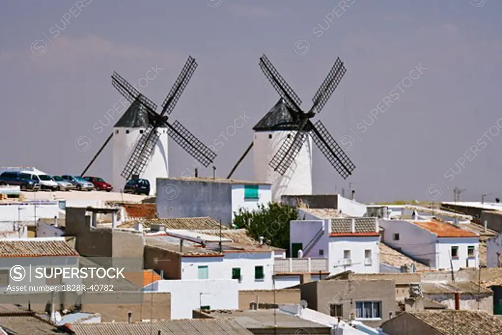 Windmills and Town, Campo de Criptana, La Mancha, Spain   