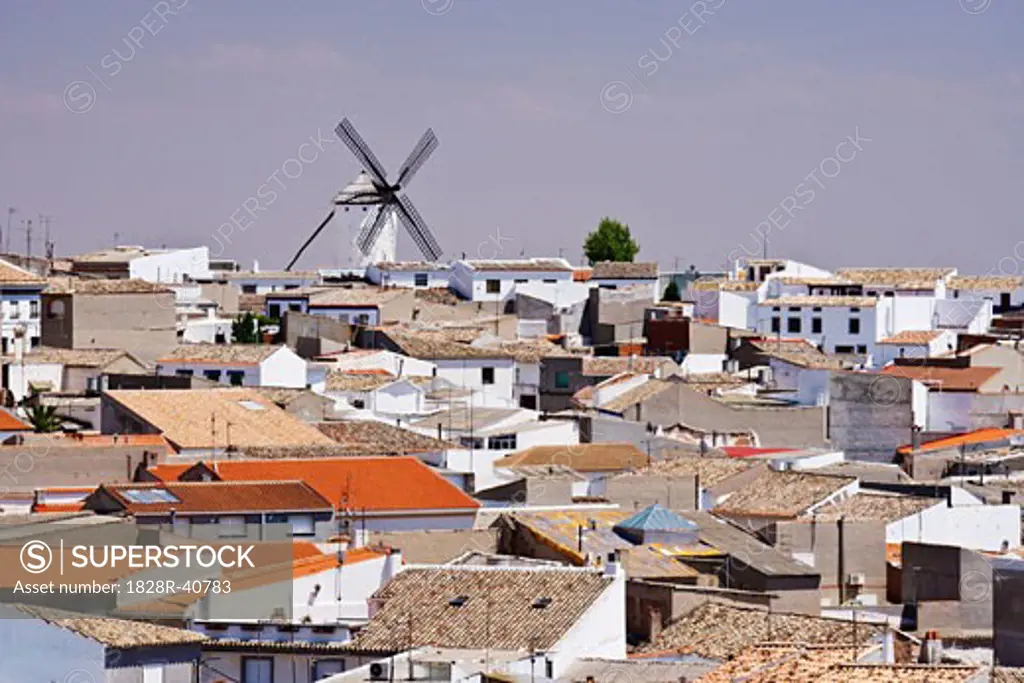 Windmill and Town, Campo de Criptana, La Mancha, Spain   