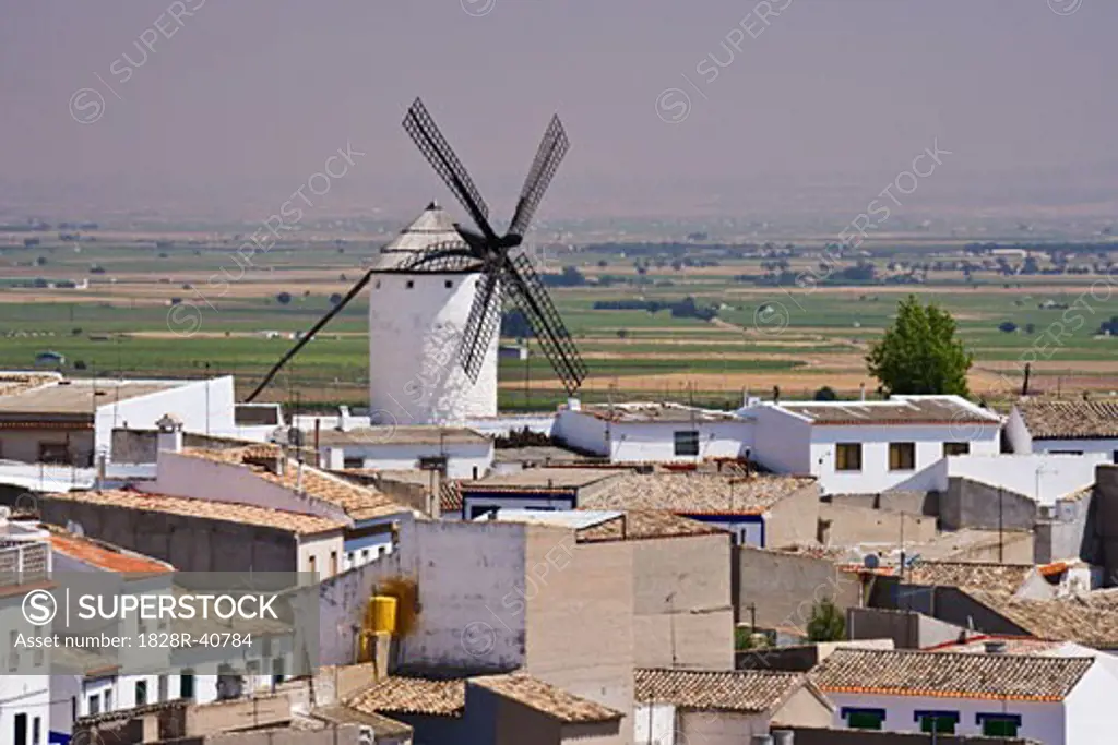 Windmill and Town, Campo de Criptana, La Mancha, Spain   