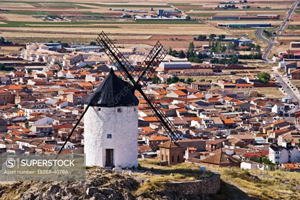 Windmill and Town, Consuegra, La Mancha, Spain   