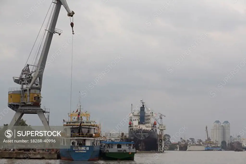 Ships in Harbor, Saigon River, Ho Chi Minh City, Vietnam   