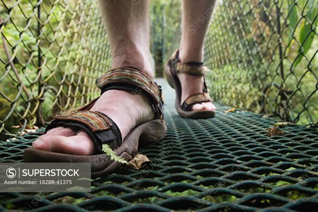 Hiker's Feet Crossing Hanging Bridge, La Paz Waterfall Gardens, Cordillera Central, Costa Rica   