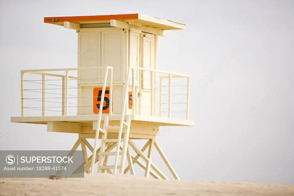 Lifeguard Station on Beach, Huntington Beach, California, USA   