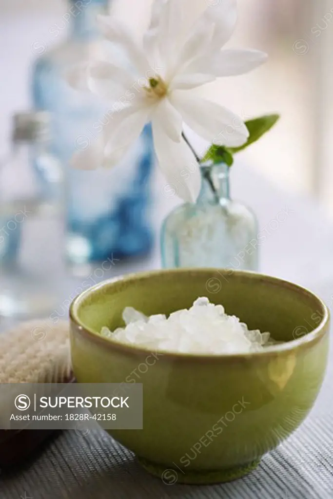 Bowl of Bath Salts with Scrub Brush and Flower   