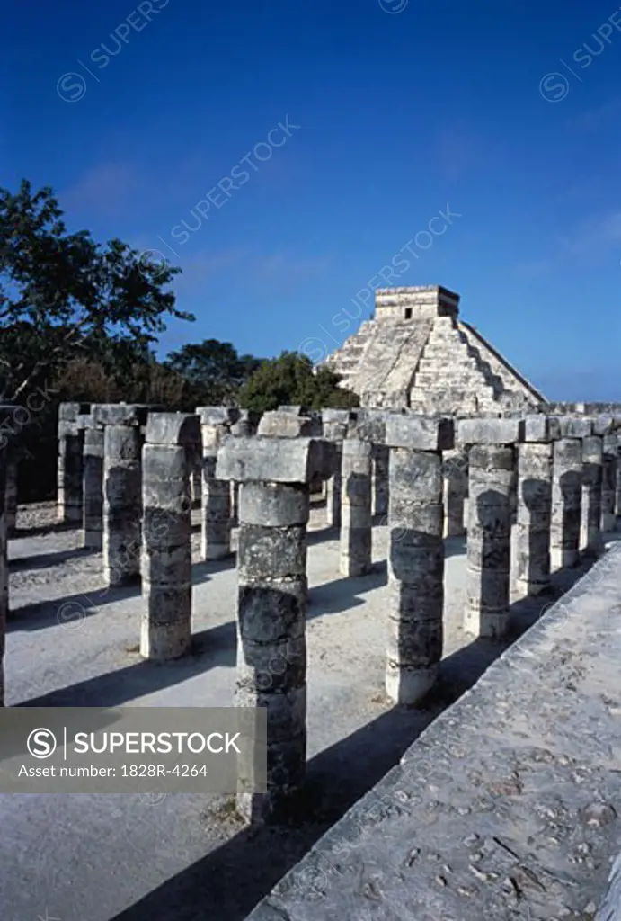 Plaza of The Thousand Columns and Kukulkan Pyramid Chichen Itza. Mexico   