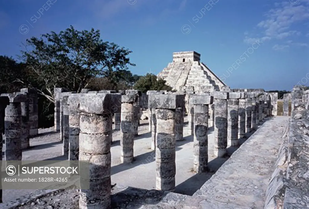 Plaza of The Thousand Columns and Kukulkan Pyramid Chichen Itza. Mexico   