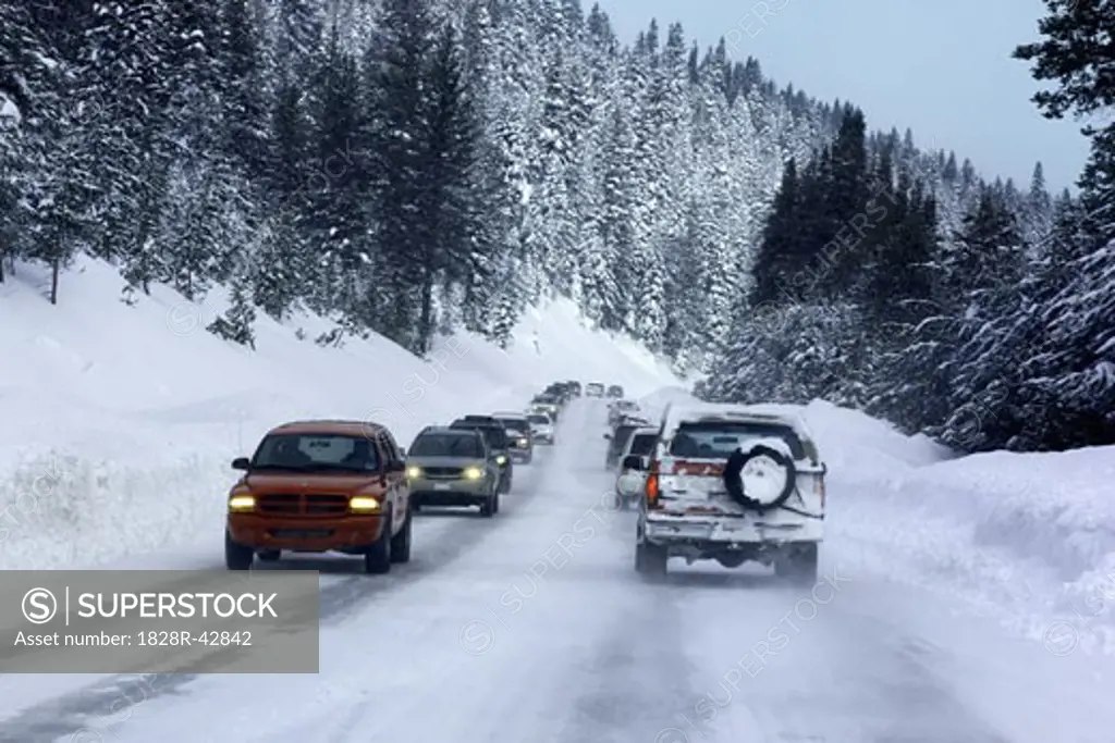 Traffic on Snowy Mountain Road, Lake Tahoe, California, USA   