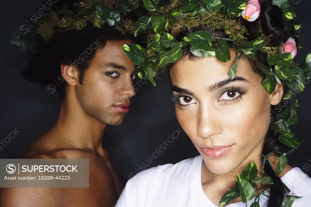 Portrait of Couple With Wreaths in Hair   