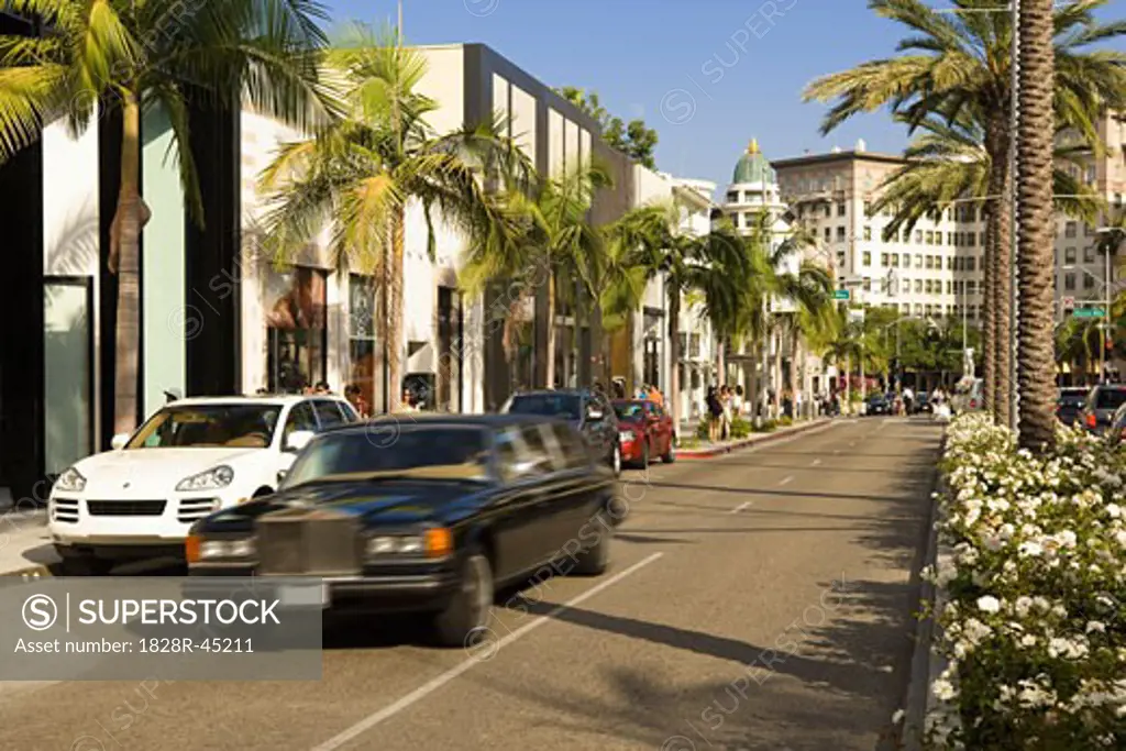 View of Rodeo Drive and Passing Limousine, Beverly Hills, California, USA   