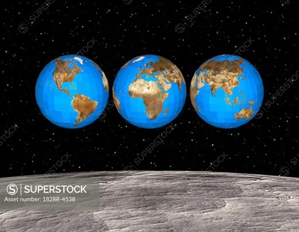 View of Three Geodesic Globes Displaying Continents of the World from Moon   