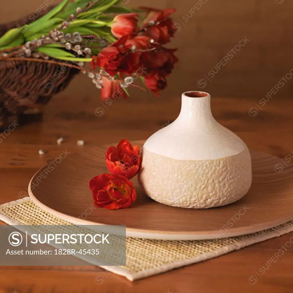 Still Life of White Vase on Wooden Platter   