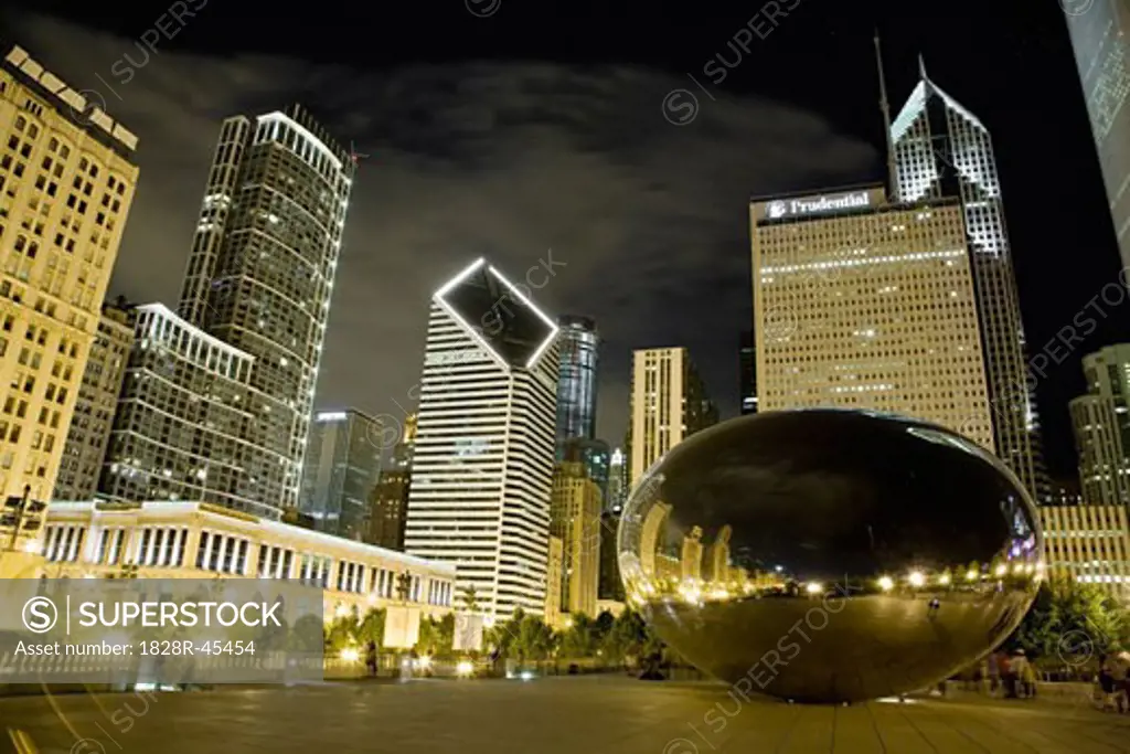 Cloud Gate Sculpture at Night, Chicago, Illinois, USA   