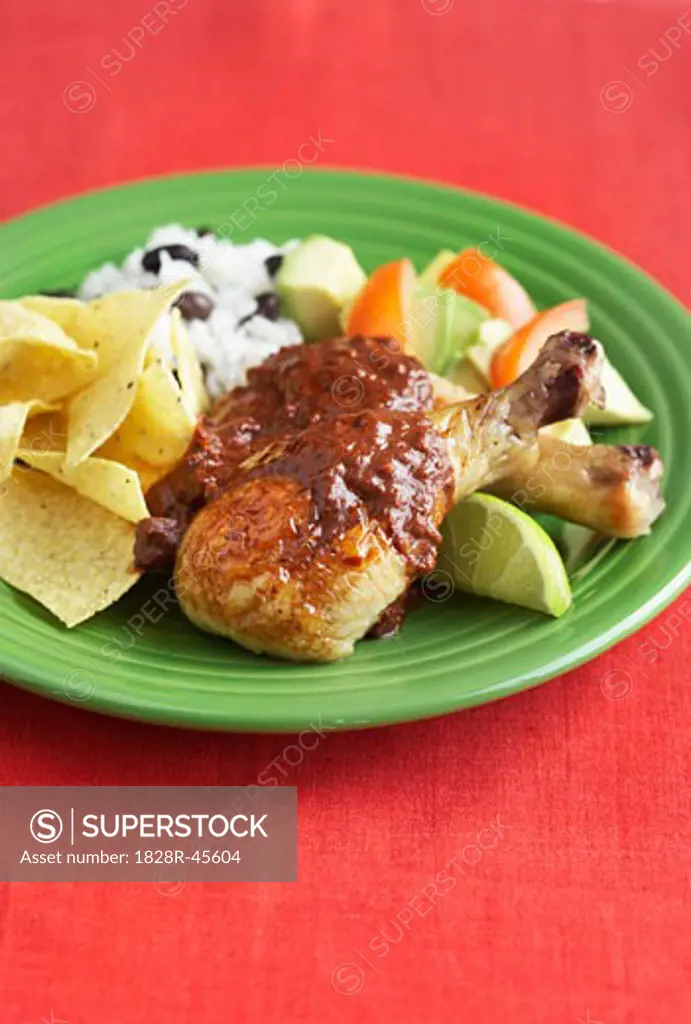 Chicken With Mole Sauce, Rice, Salad and Chips   