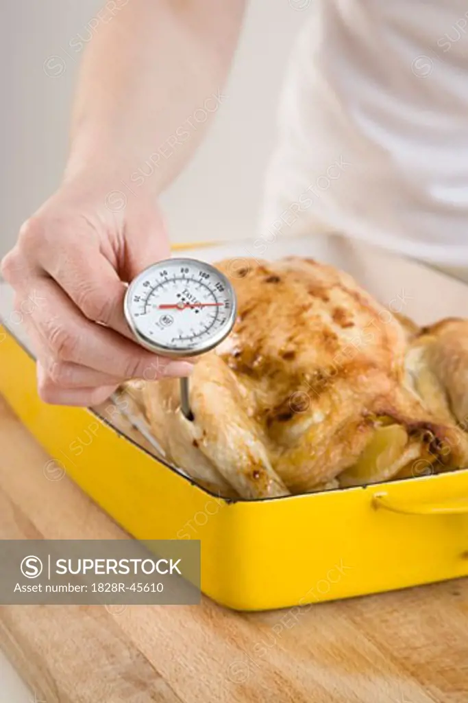 Woman Checking Temperature of Chicken   