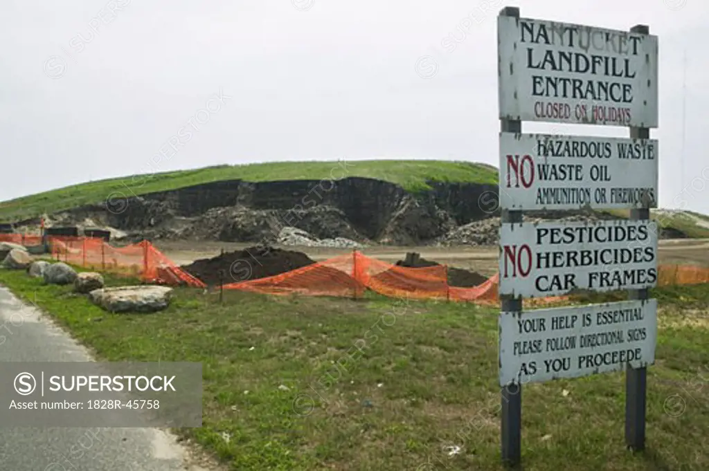 Signs at Entrance to Recycling Centre, Nantucket, Massachusetts, USA   