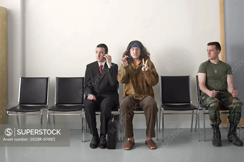 Businessman, Hippy and Soldier in Waiting Room   