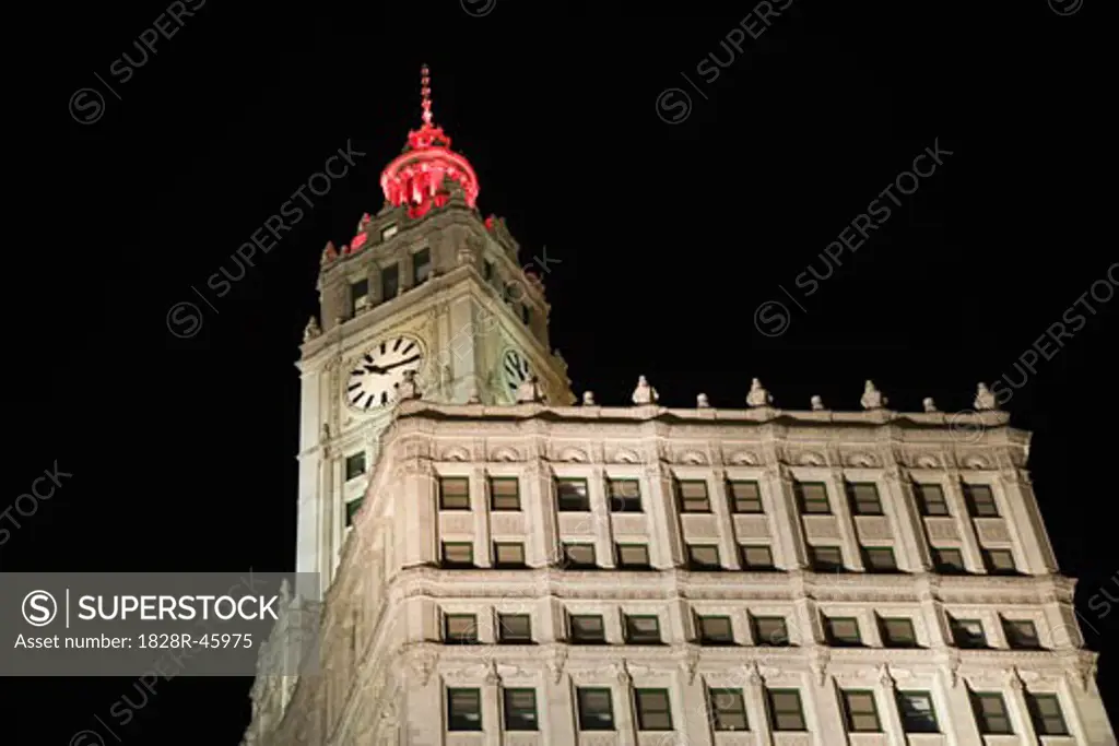 Wrigley Building Clock Tower at Night, Chicago, Illinois, USA   
