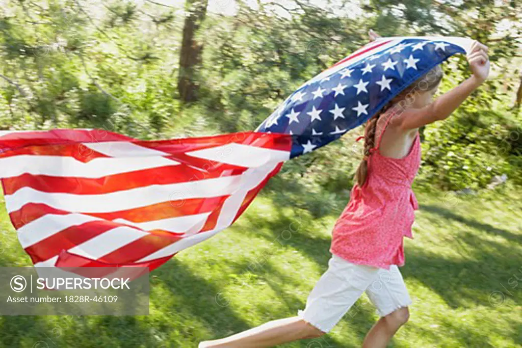 Girl Running With American Flag