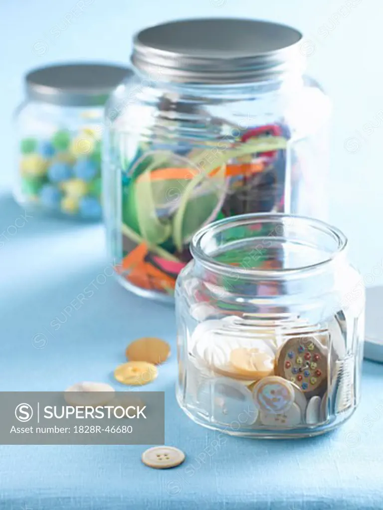 Jars of Buttons, Ribbon and Pom Poms   