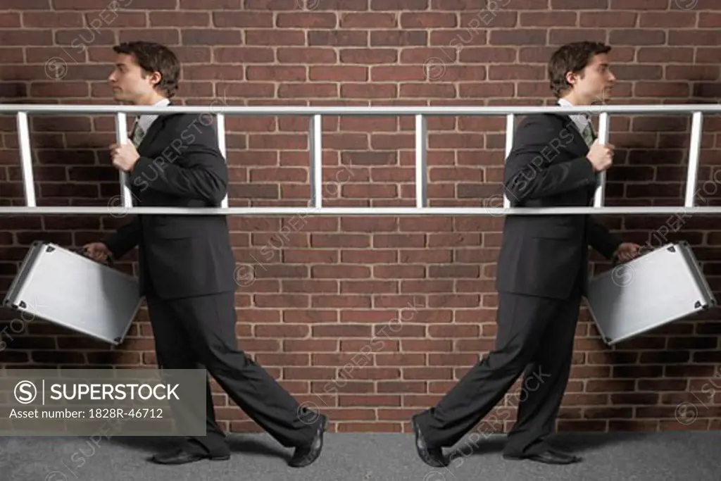 Businessman Walking with a Ladder in Two Different Directions   