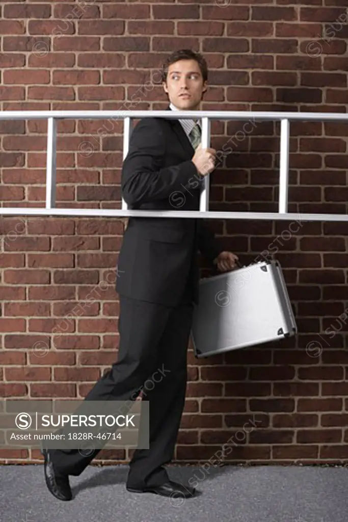 Businessman Walking with a Ladder   
