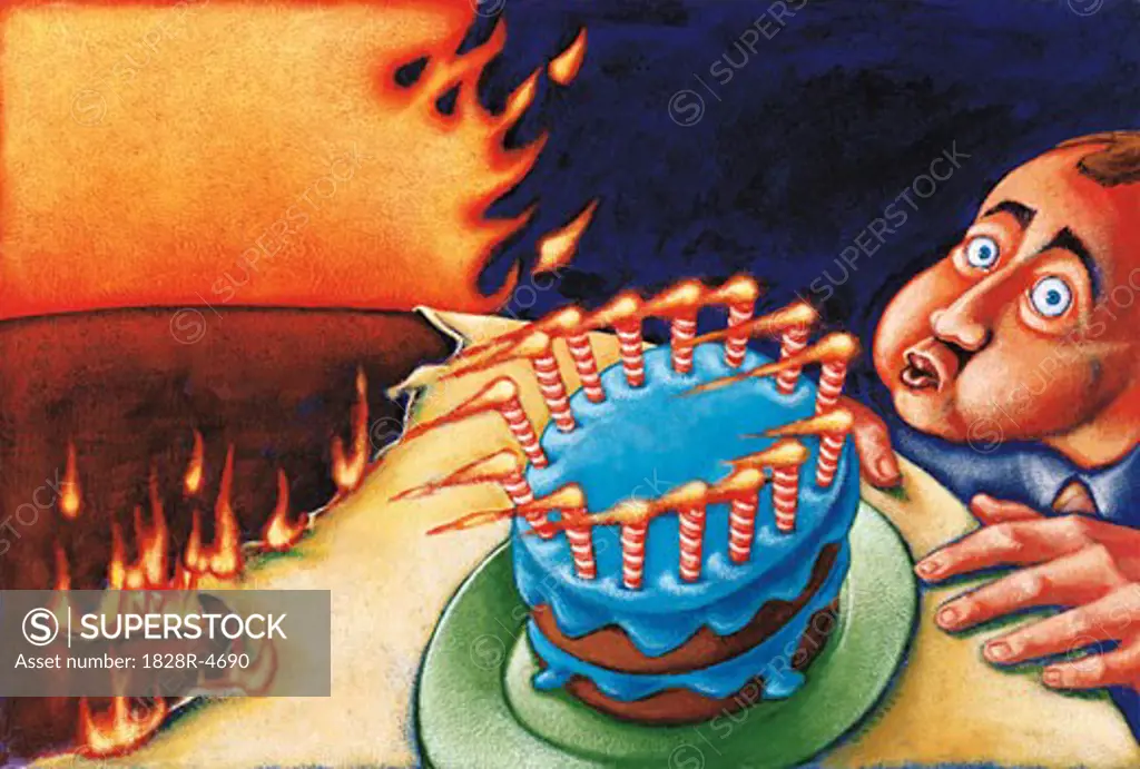 Illustration of Man Causing Fire By Blowing Out Candles on Cake   