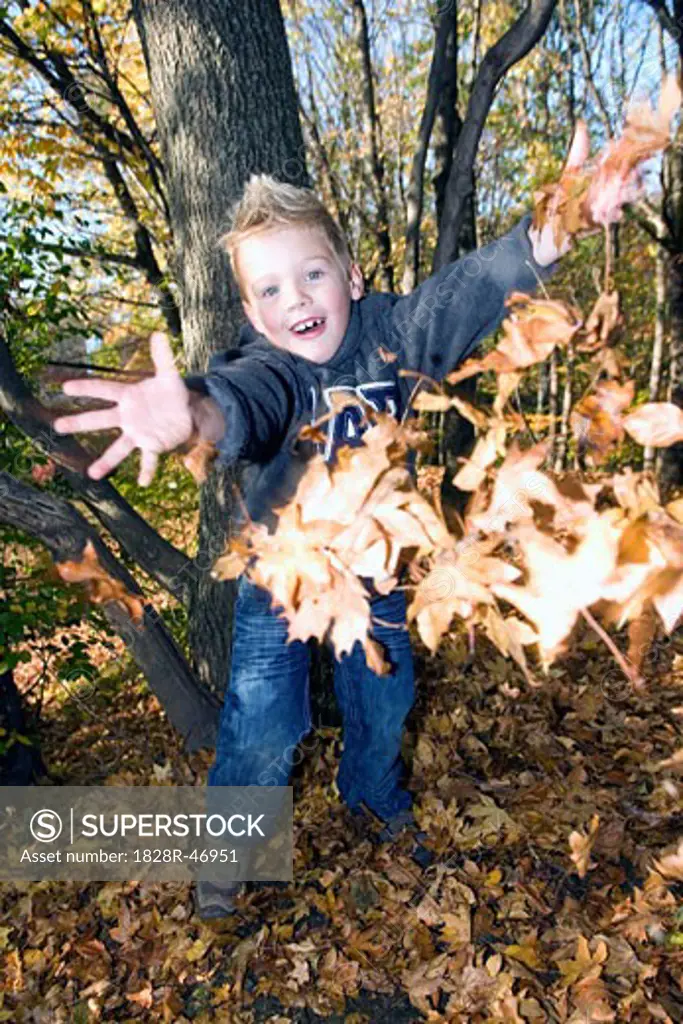 Boy Throwing Leaves   