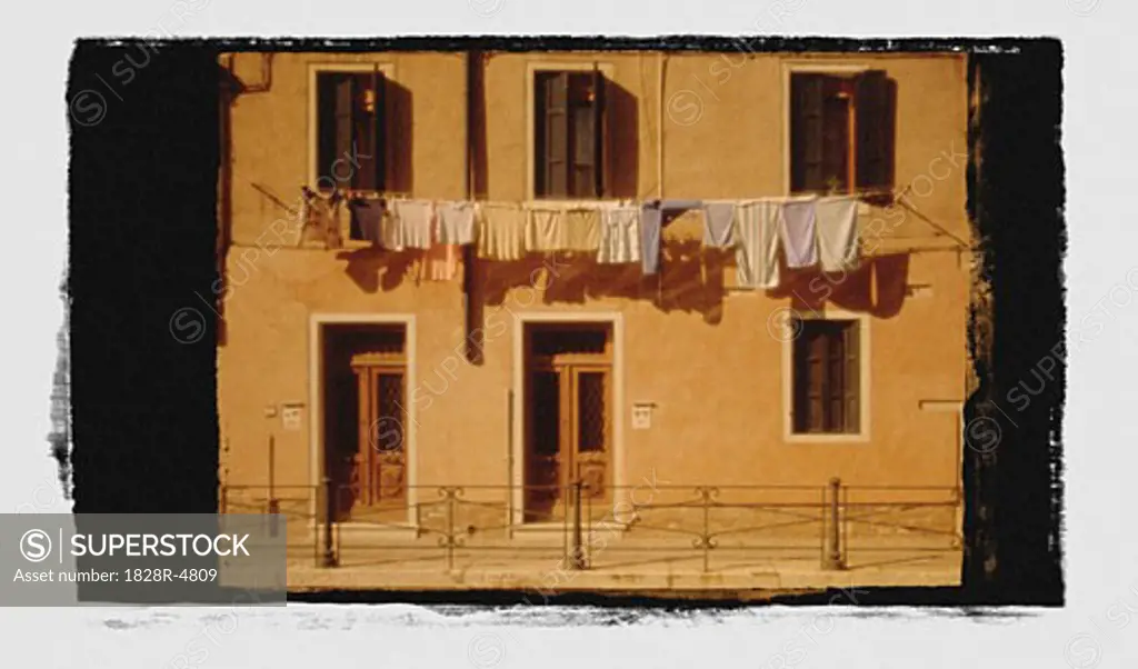 Clothes Hanging from Line on Building, Island of Burano, Venetian Lagoon, Italy   