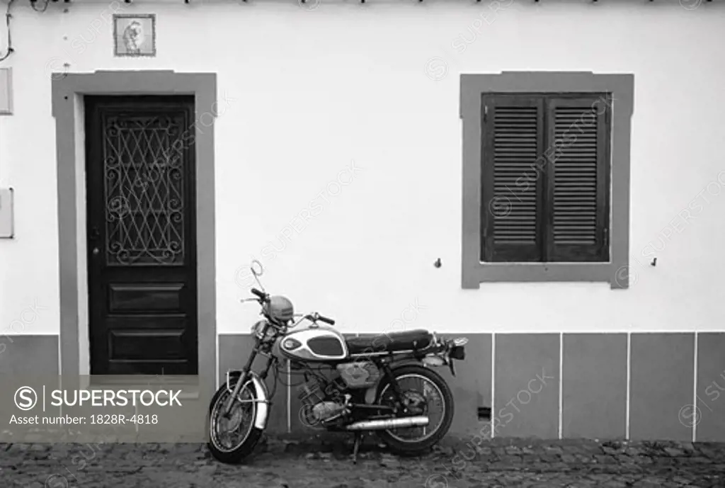 Motorcycle Parked near Door, Portugal   