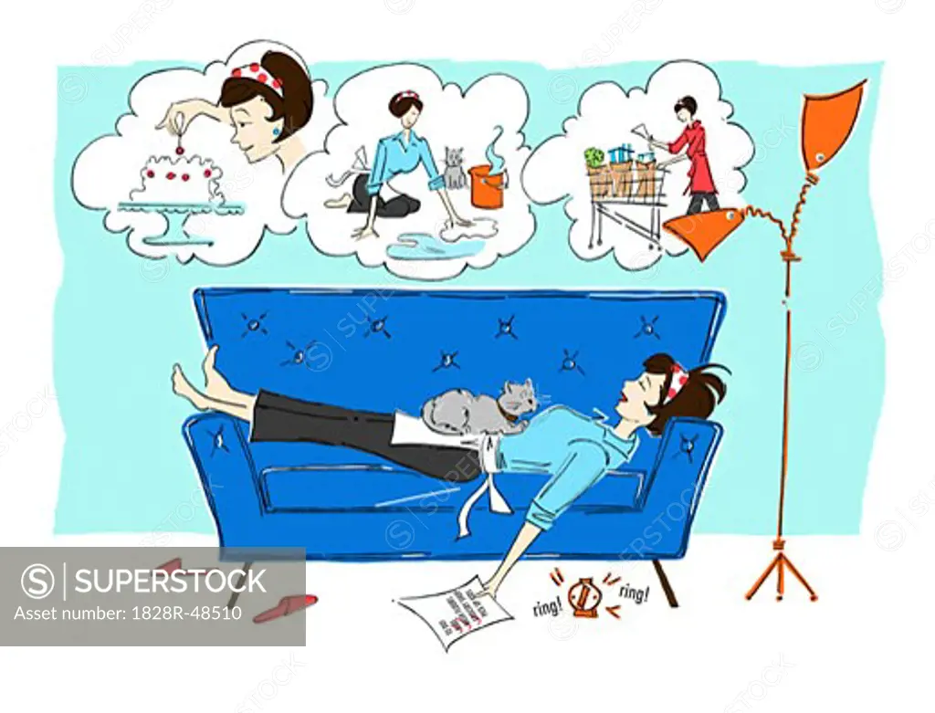 Illustration of 1950s Housewife Dreaming of Chores   