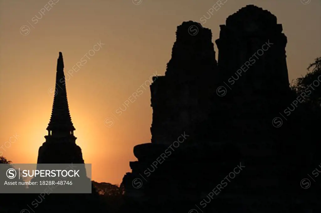 Ancient Structures at Sunset, Ayutthaya, Thailand   
