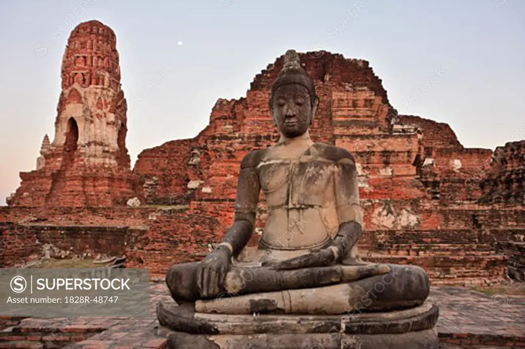 Ancient Structures and Buddha Statue, Ayutthaya, Thailand   