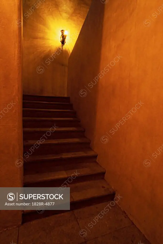 Glowing Lamp in Stairwell, Oaxaca, Mexico   