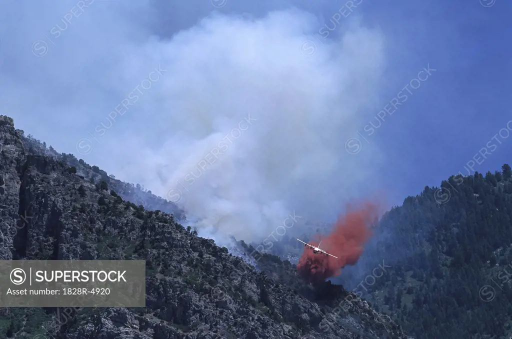 Landscape and Smoke from Forest Fire with Fire Fighting Plane   