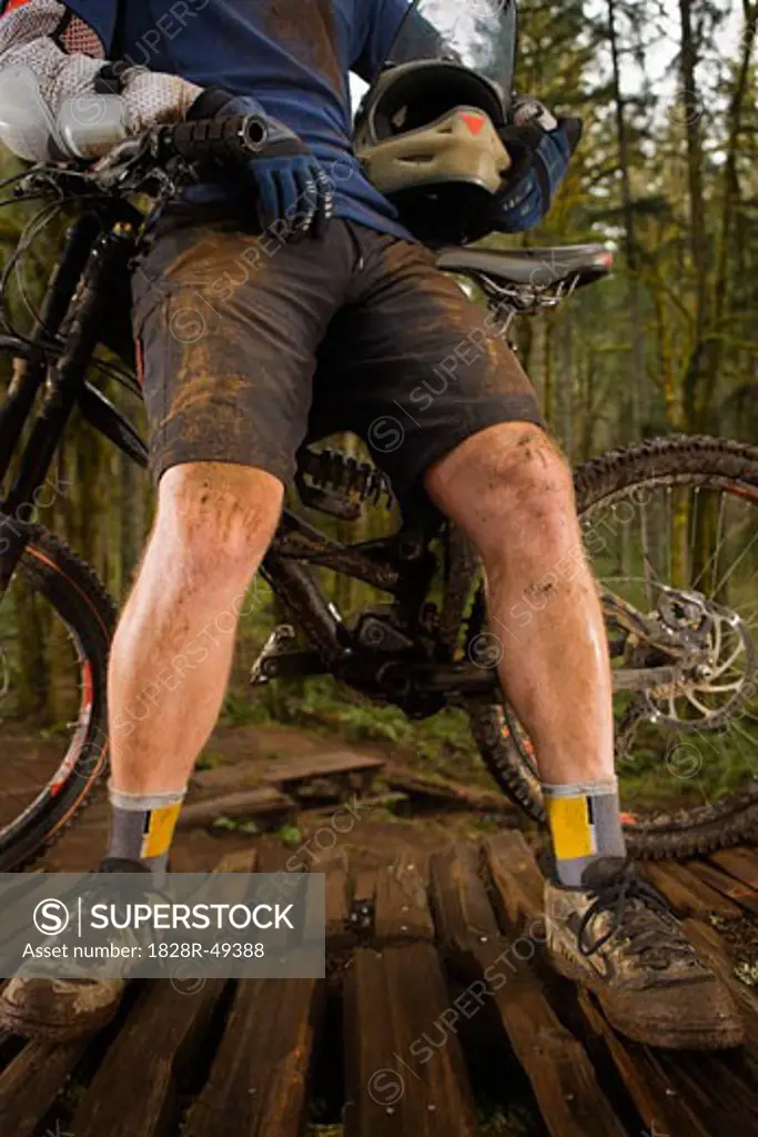 Close-up of Mountain Biker's Legs, Blackrock Mountain Bike Park, Salem, Oregon, USA   