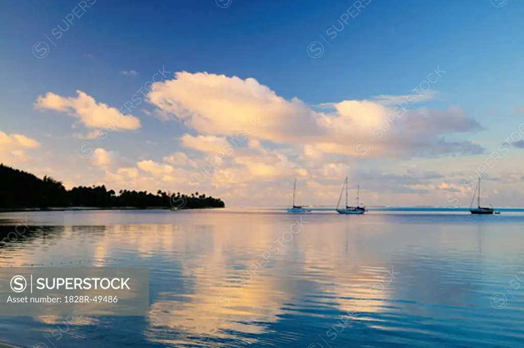 Sailboats in Bay, Huahine, French Polynesia   