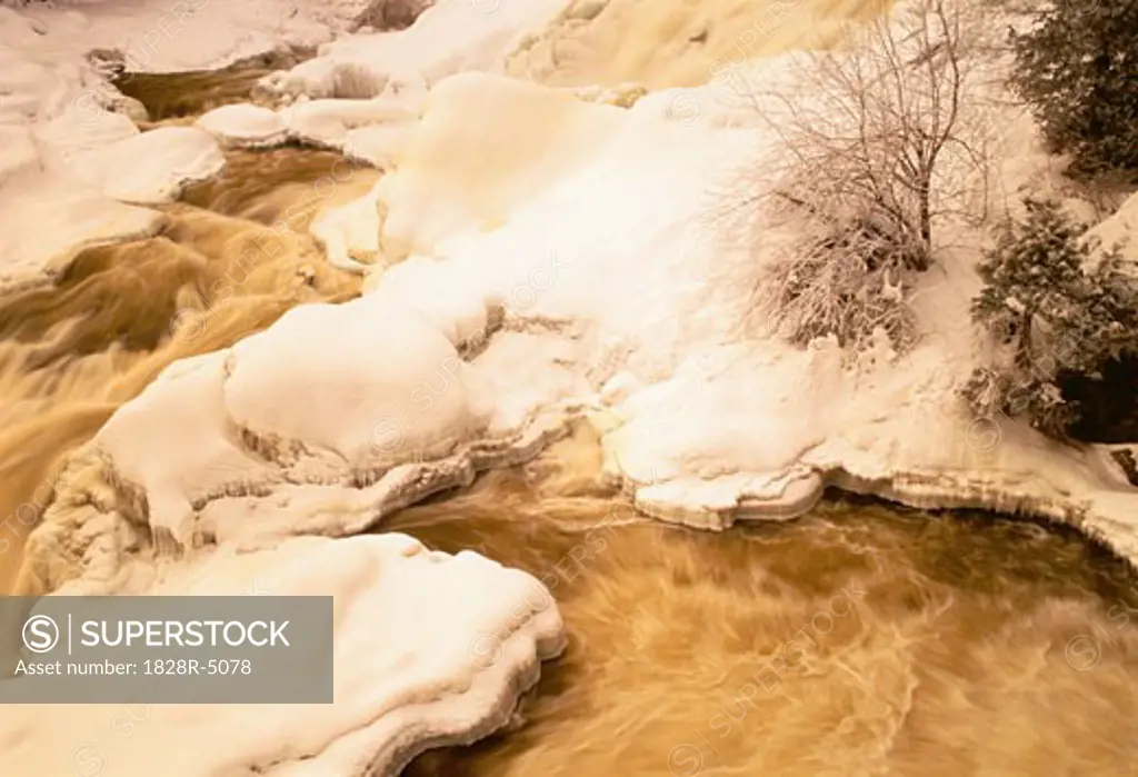 Snow Covered Landscape and Stream, Chutes de Plaisance, Riviere Petite Nation, Quebec, Canada   
