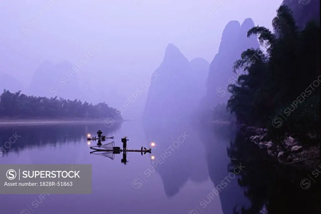 Cormorant Fisherman Boats on River, Lijang River, Guangxi Province, China   