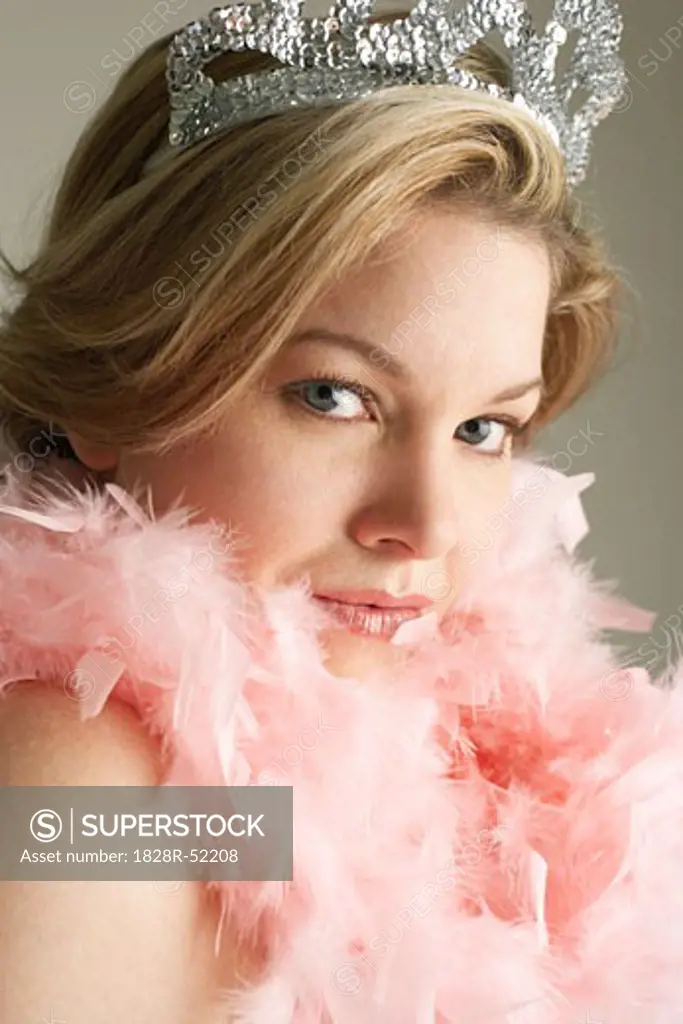 Portrait of Woman Wearing Tiara and Feather Boa   