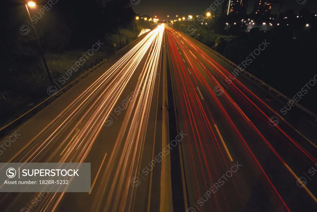 Light Trails on Highway at Night, Toronto, Ontario, Canada   