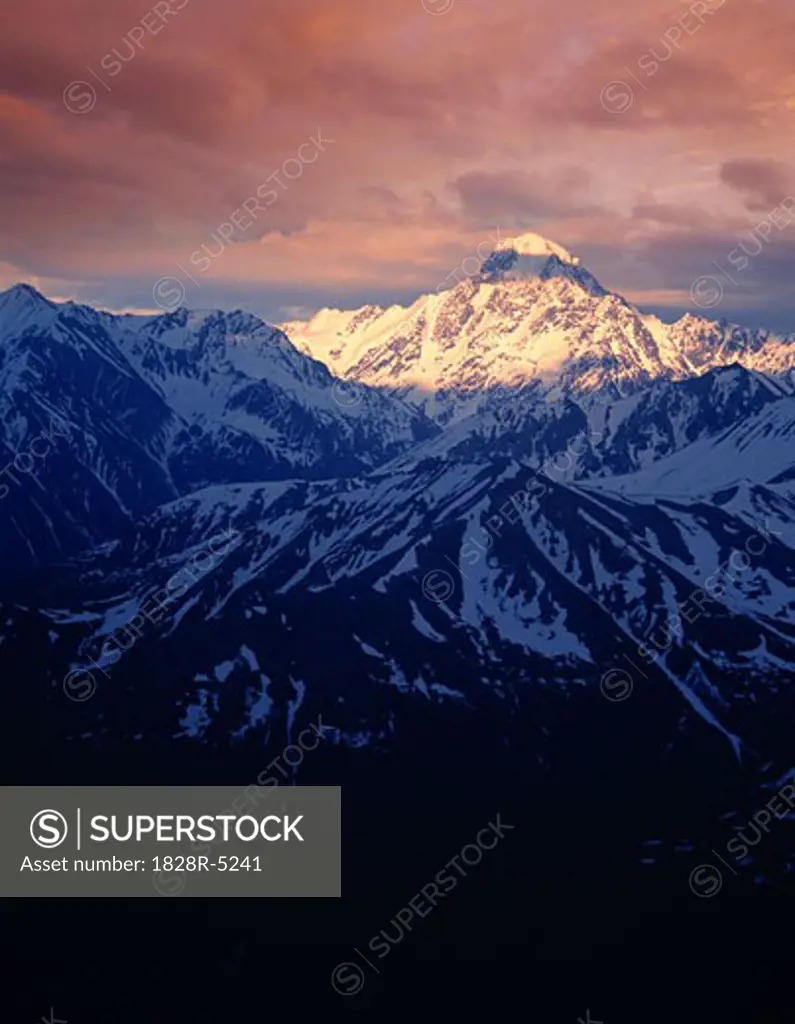 Snow Covered Mountains at Sunset, Alaska, USA   