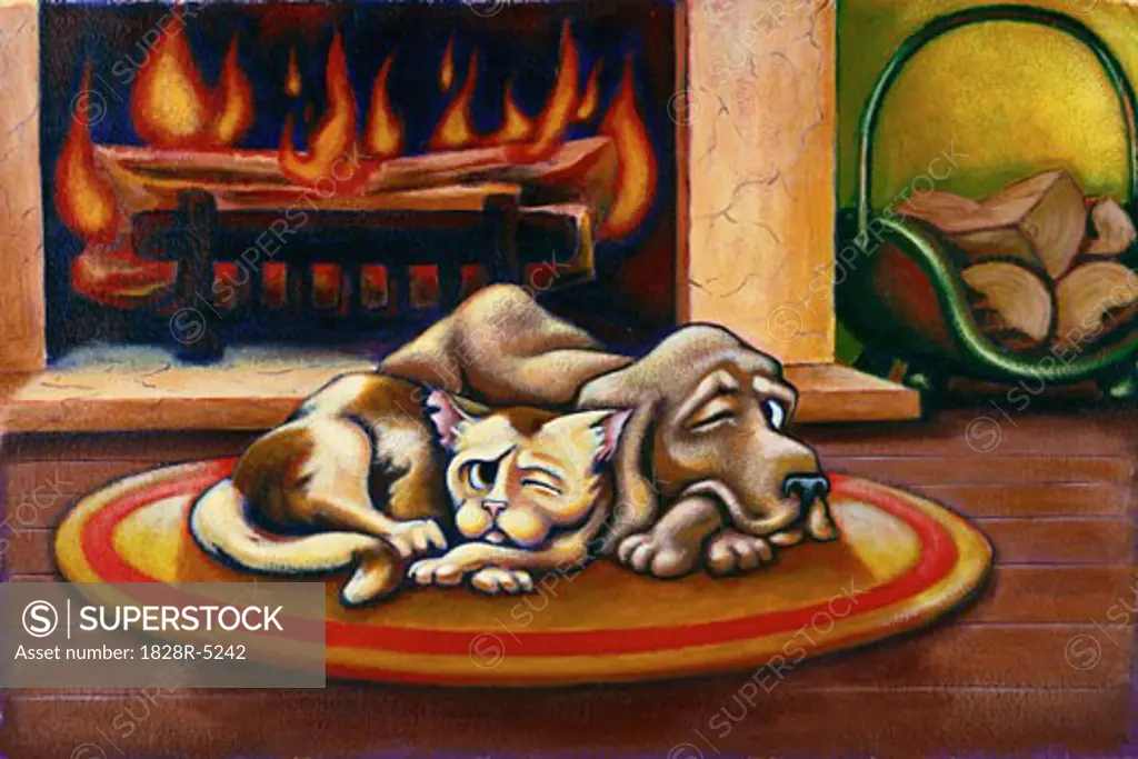 Illustration of Dog and Cat Sleeping in Front of Fireplace With One Eye Open   