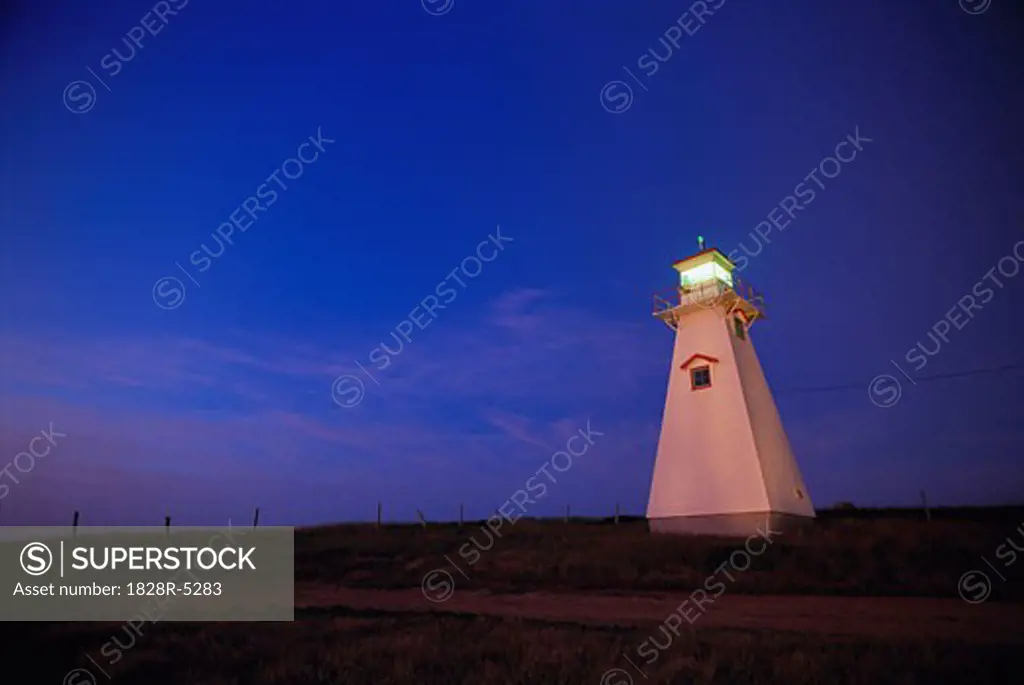 Cape Tryon Lighthouse and Field At Sunrise, Cape Tryon, Prince Edward Island, Canada   