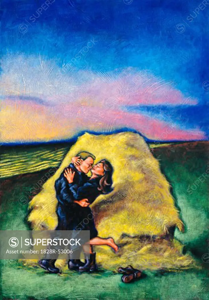 Illustration of Couple Kissing by Hay Stack   