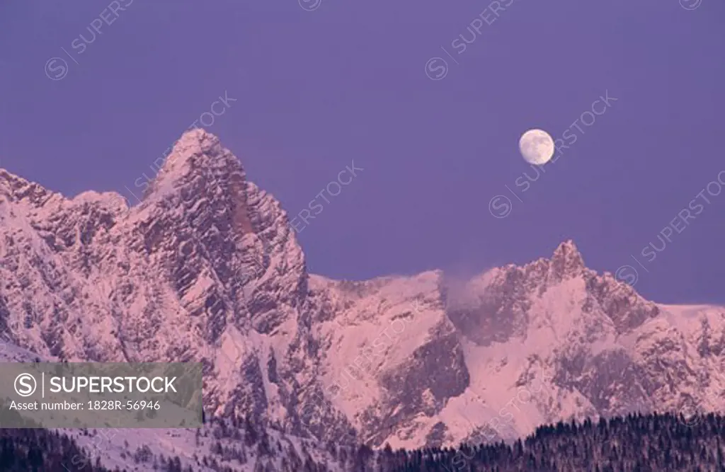 Moon Over Mountains, Mount Dachstein, Austria   